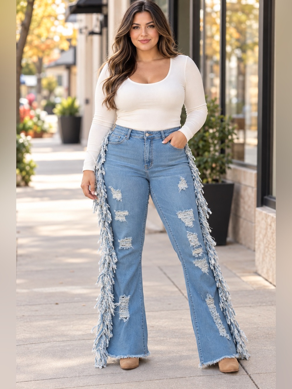 Walk Away Light Wash Side Fringe Distressed High Rise Flare Jeans Fit 14 NWOT